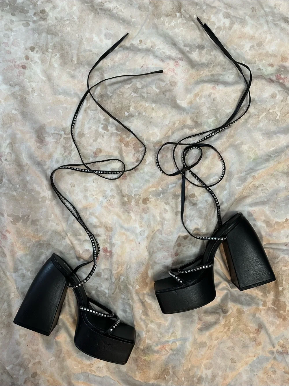 Black Platform Lace-Up Heeled Sandals with Rhinestone Straps